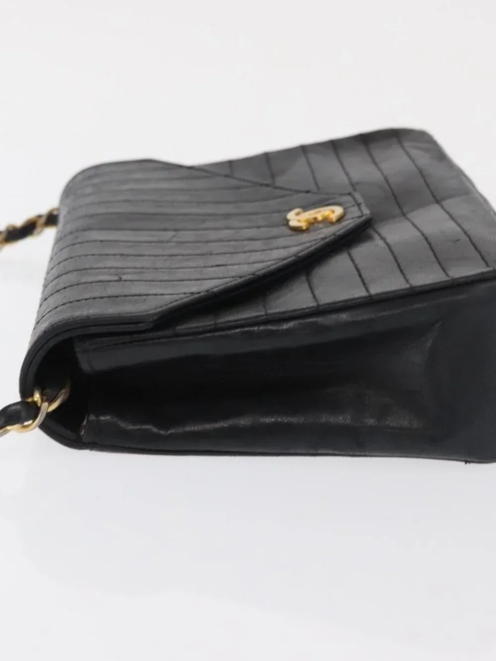 CHANEL Mademoiselle Chain Shoulder Bag Lamb Skin Black Gold CC Auth bs21196
